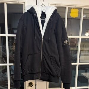 Moose Knuckles Black Zip-Up Hoodie with White detachable fur